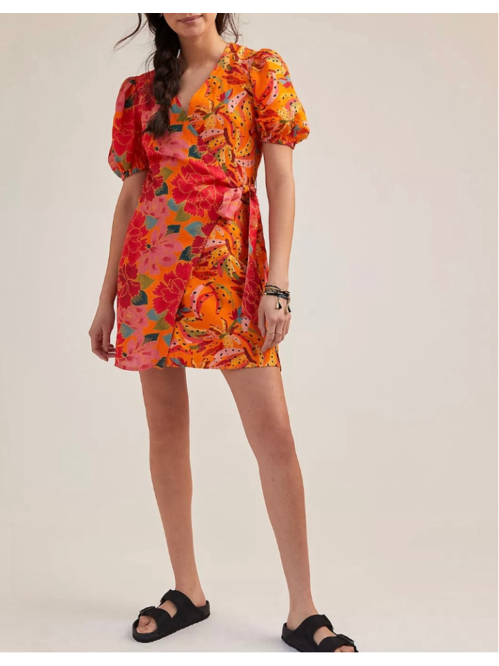 Women's FARM Rio Orange Red Floral Mini Wrap Dress S